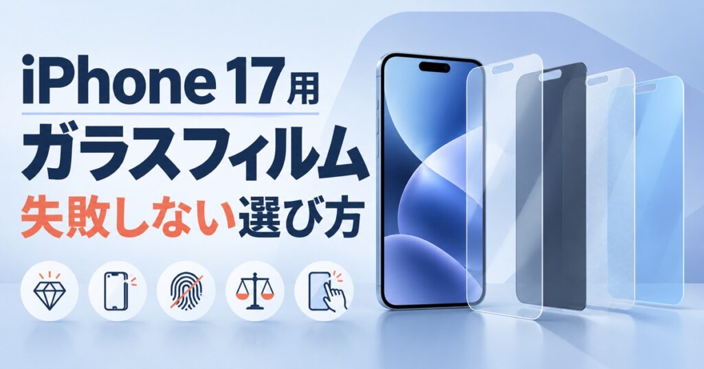 iPhone17用ガラスフィルムの種類と選び方を示したイラスト